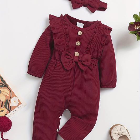 Baby Girl Romper Set Striped Ruffle Trim Long Sleeve Headband
