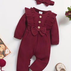 Baby Girl Romper Set Striped Ruffle Trim Long Sleeve Headband