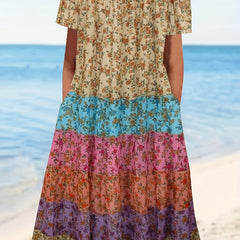 Colorblock Floral Print Round Neck Dress With Pockets
