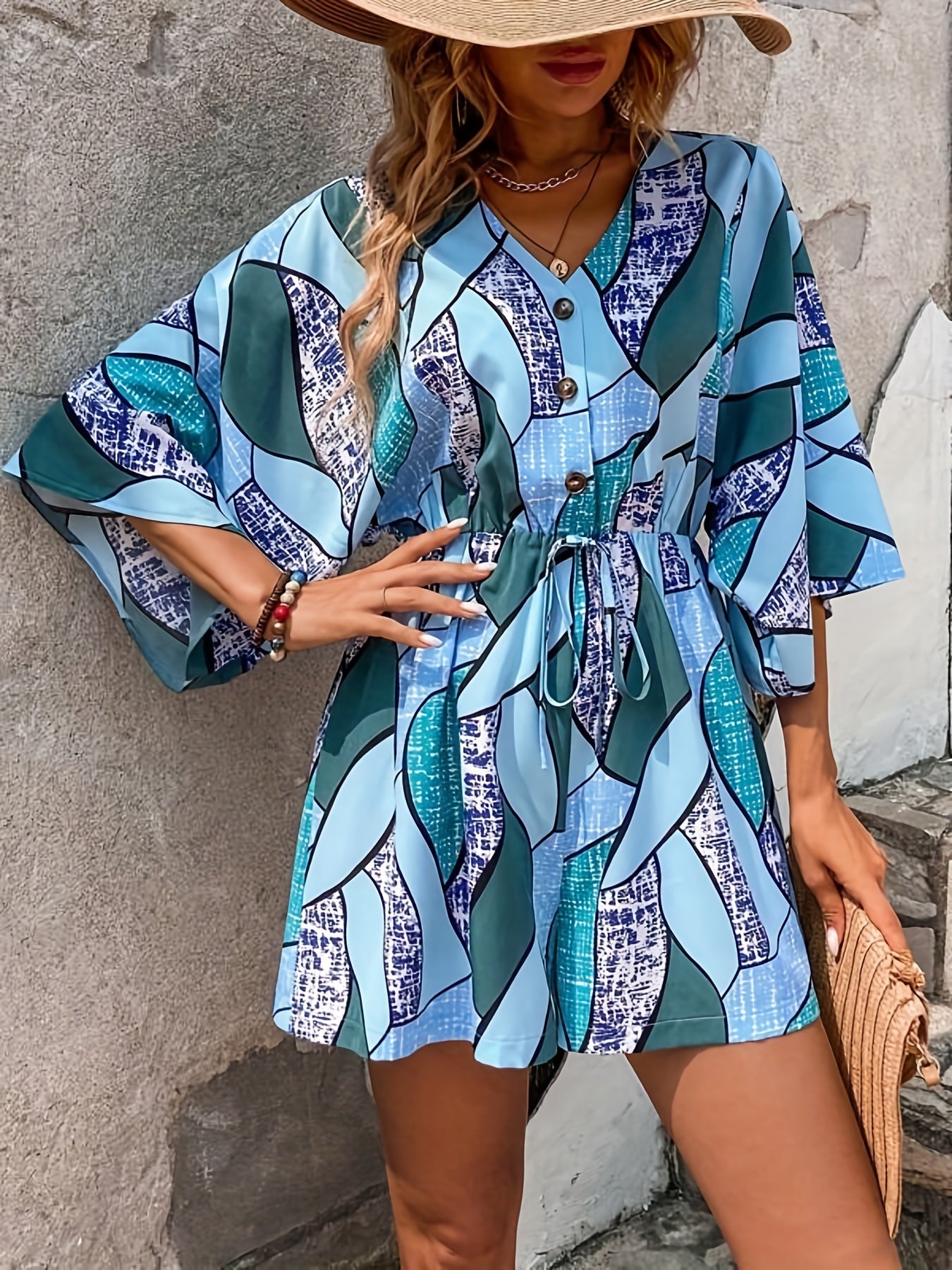 Casual Loose Drawstring Waist 3/4 Sleeve Romper Jumpsuit