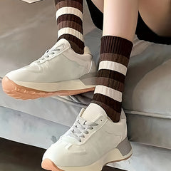5 Pairs Block Stripe Print Socks Comfy & Breathable Women's Stockings & Hosiery
