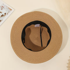 Khaki Sun Hats Satin Wide Strap Decor Flat Top Jazz Straw Hat