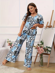 Boho Pajama Set Women's Plus Leopard & Tropical Print Tee & Pants