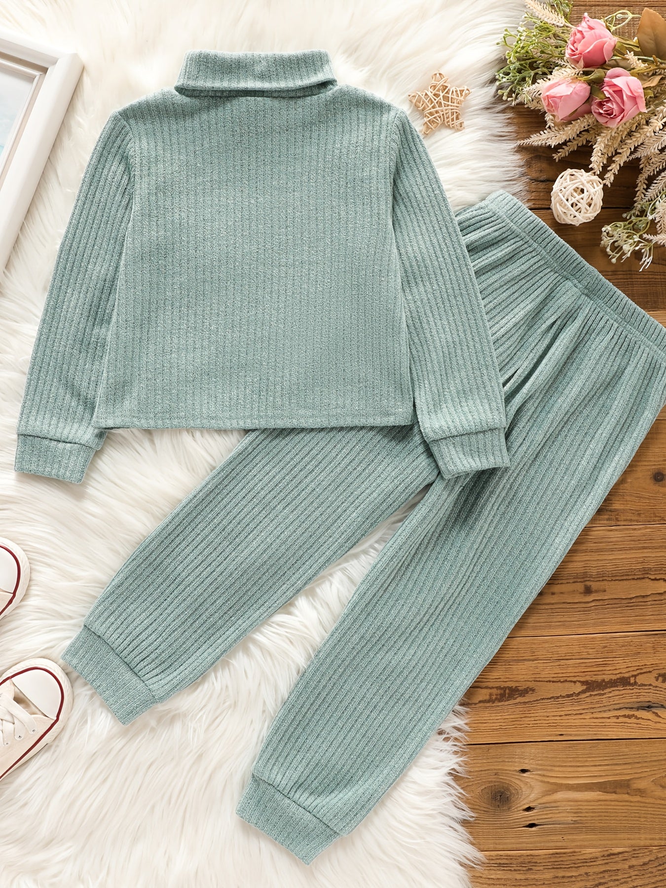 Toddler Girls Ribbed Sweater & Pants Set Turtleneck Long Sleeve Pullover Top