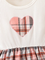 Girls' Plaid Heart Embroidered Dress - Spring/Autumn