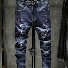Men's Embroidered Denim Jeans Slim Straight Royal Pants