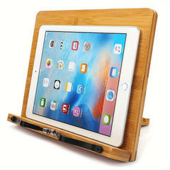 Bamboo Book Stand Adjustable Holder Tray Page Clips Cookbook Reading Desk