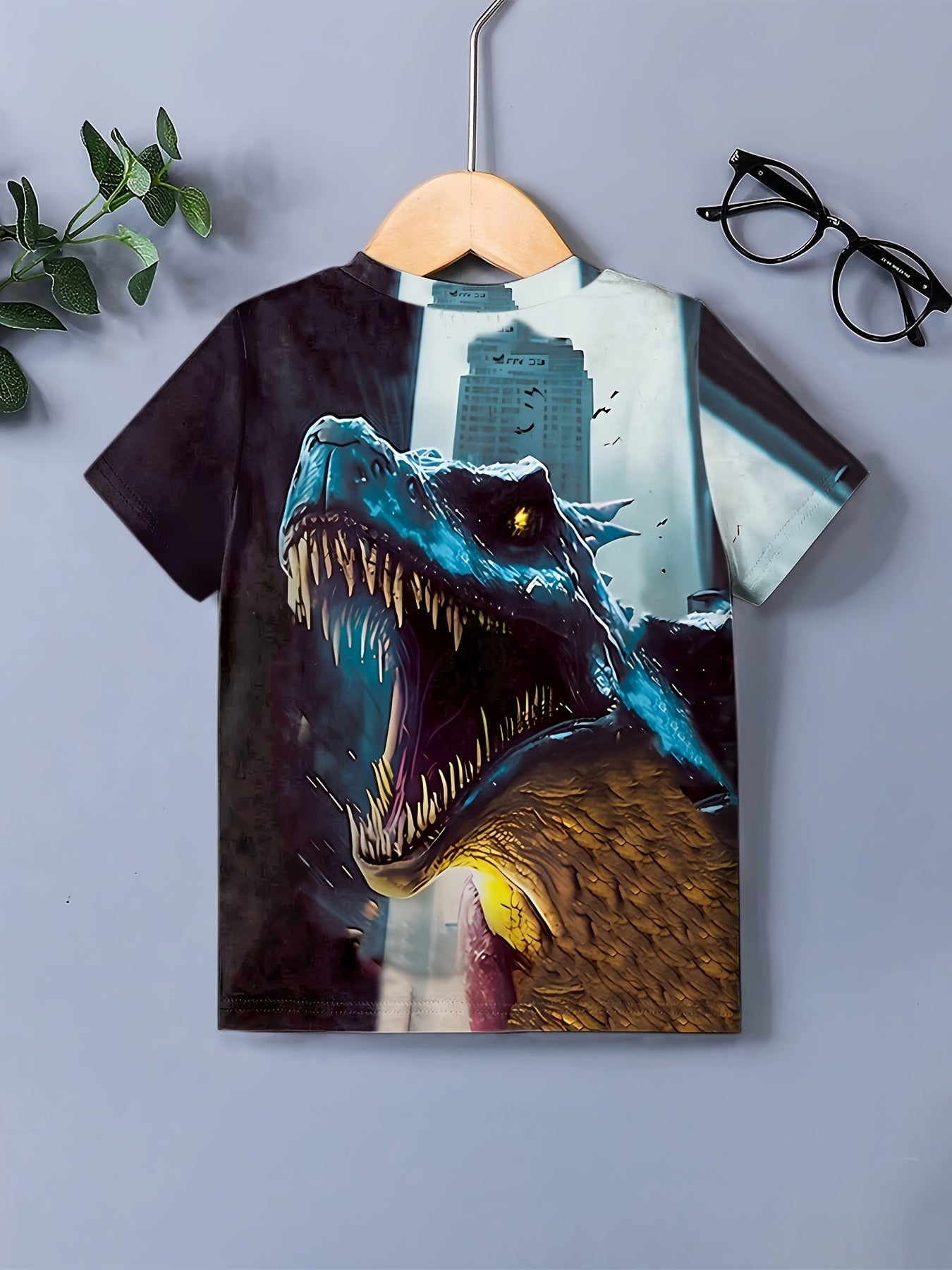 3D Print Dino In The City Graphic Short Sleeve T shirt For Girls
