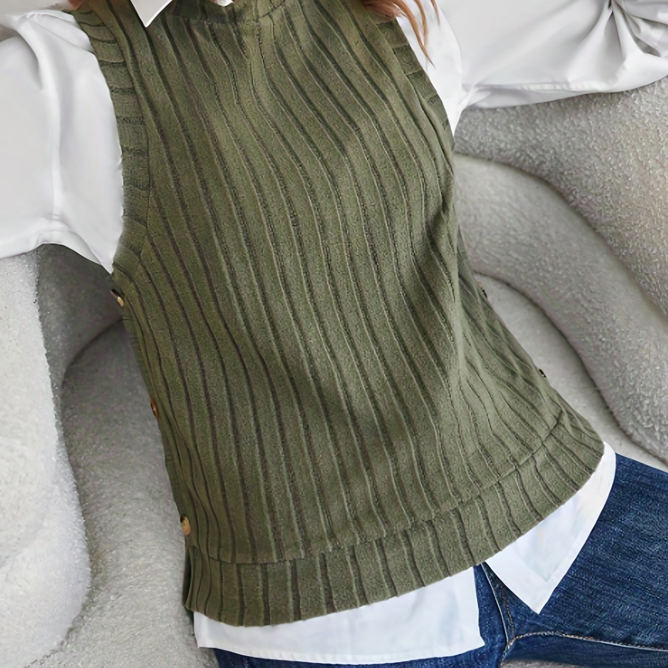 Ribbed Side Button Tank Top Sleeveless Crew Neck Summer Top