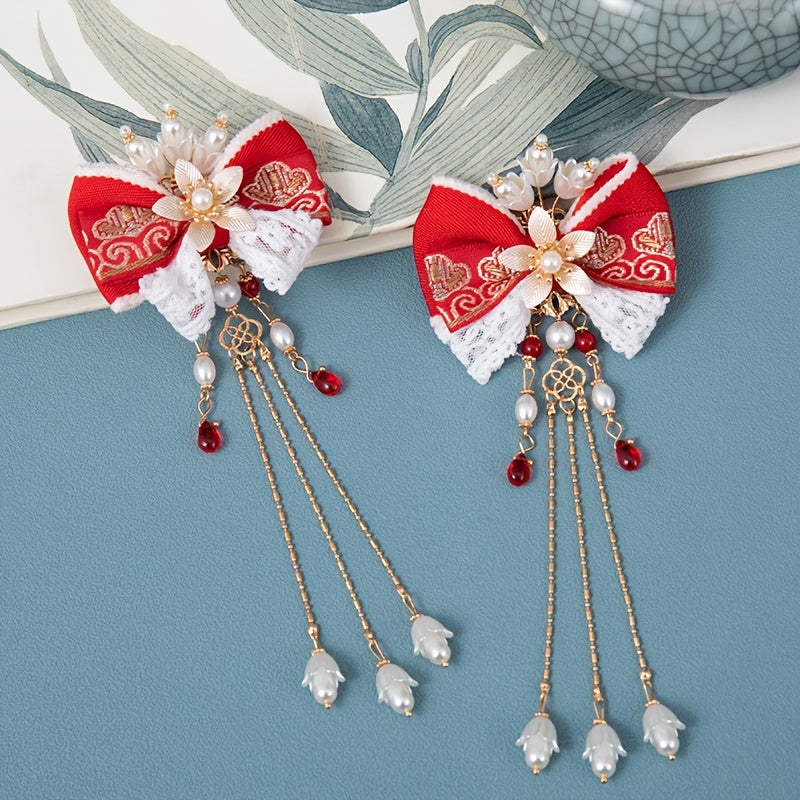 Vintage Embroidered Ribbon Bow Hair Clips with Lace Tassel