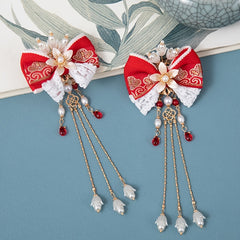 Vintage Embroidered Ribbon Bow Hair Clips with Lace Tassel