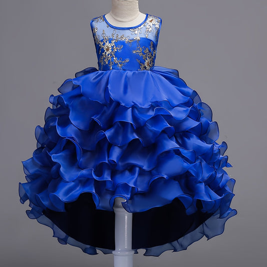 Girls Puffy Princess Dress Flowers Embroidery Layered Dress