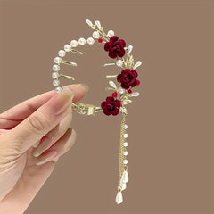 Vintage Red Rose Bun Buckle Tassel Hair Clip for Women Girls