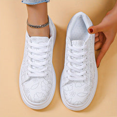 Women's Floral Print Flat Shoes Lace Up Low Top Sneakers