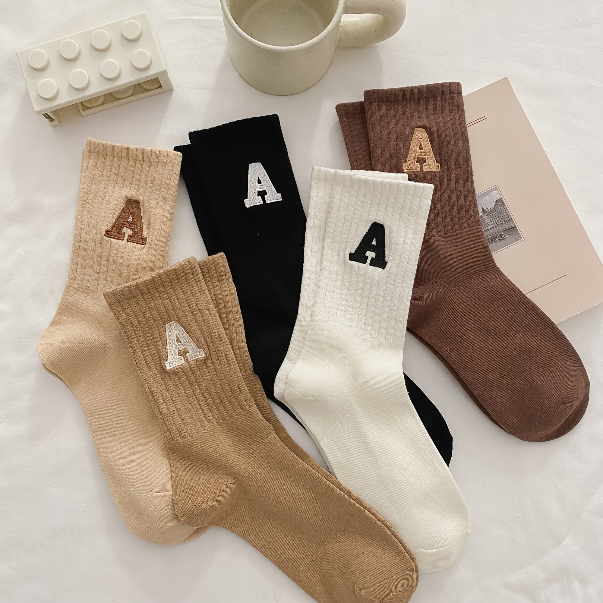 5 Pairs A Embroidery Socks Comfy Cotton Mid Tube Stockings