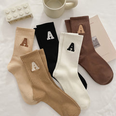 5 Pairs A Embroidery Socks Comfy Cotton Mid Tube Stockings