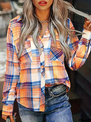 Casual Blouse Women's Plaid Print Long Sleeve Button Up
