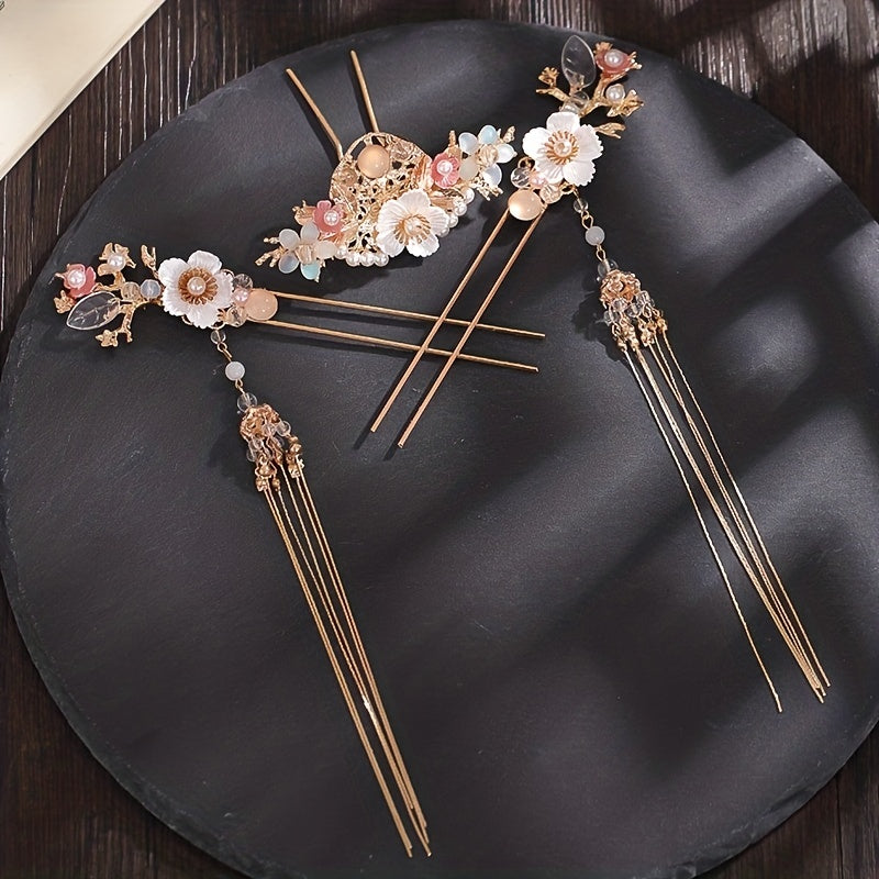 Chinese Bridal Wedding Accessories Set Floral U shaped Hairpin Earrings Set