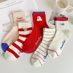 5 Pairs Letter & Striped Print Socks Women's Mid Tube Stockings