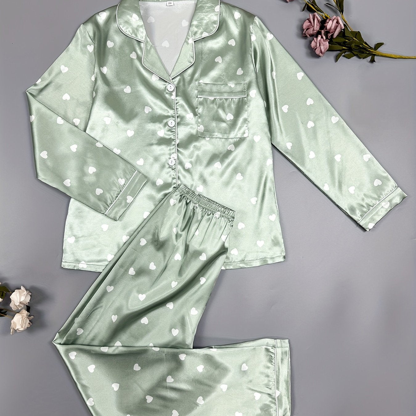 Heart Print Pajama Set Long Sleeve Buttons Top & Elastic Waistband Pants