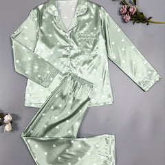 Heart Print Pajama Set Long Sleeve Buttons Top & Elastic Waistband Pants