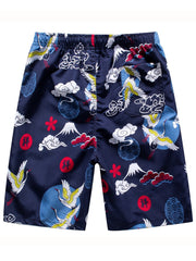 Cloud & Crane Pattern Quick Dry Beach Shorts Men's Waist Drawstring Shorts
