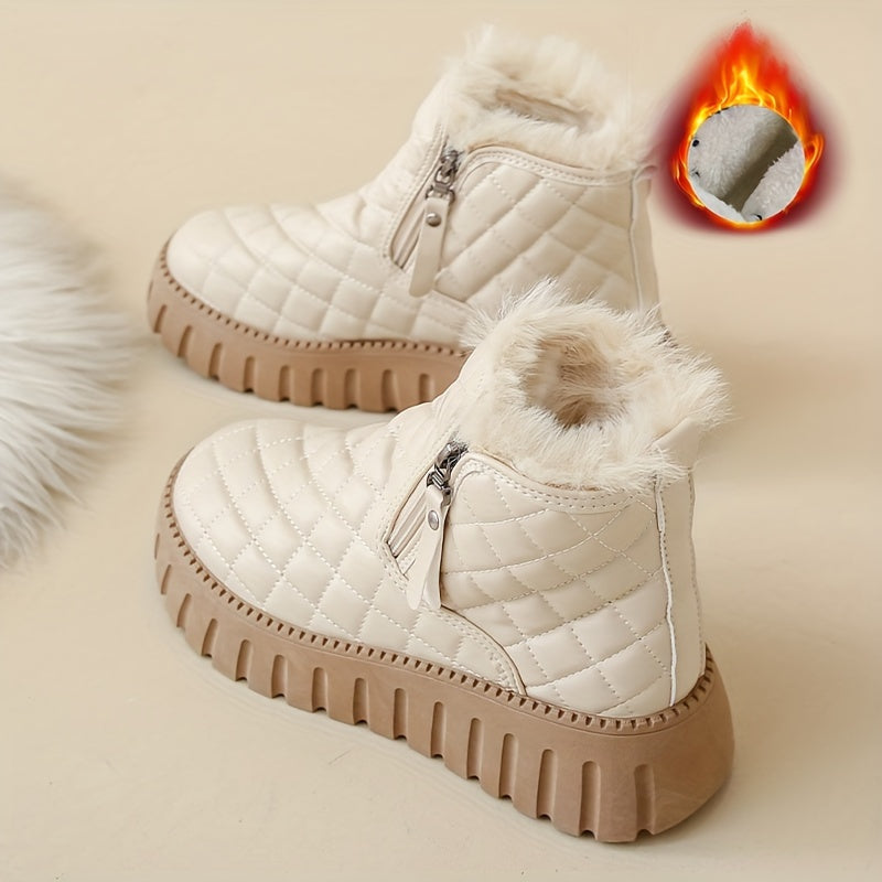 Women's Argyle Quilted Snow Boots Fleece Lining Zipper Platform Warm Ankle Boots