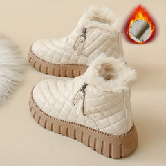 Women's Argyle Quilted Snow Boots Fleece Lining Zipper Platform Warm Ankle Boots