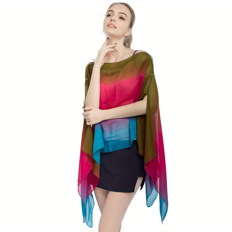 Faux Pearl Buckle Chiffon Shawl Gradient Sunscreen Wrap