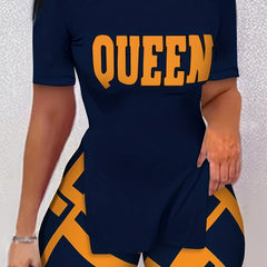 Queen Print T Shirt & Shorts Set Casual Two piece Women's Clothing