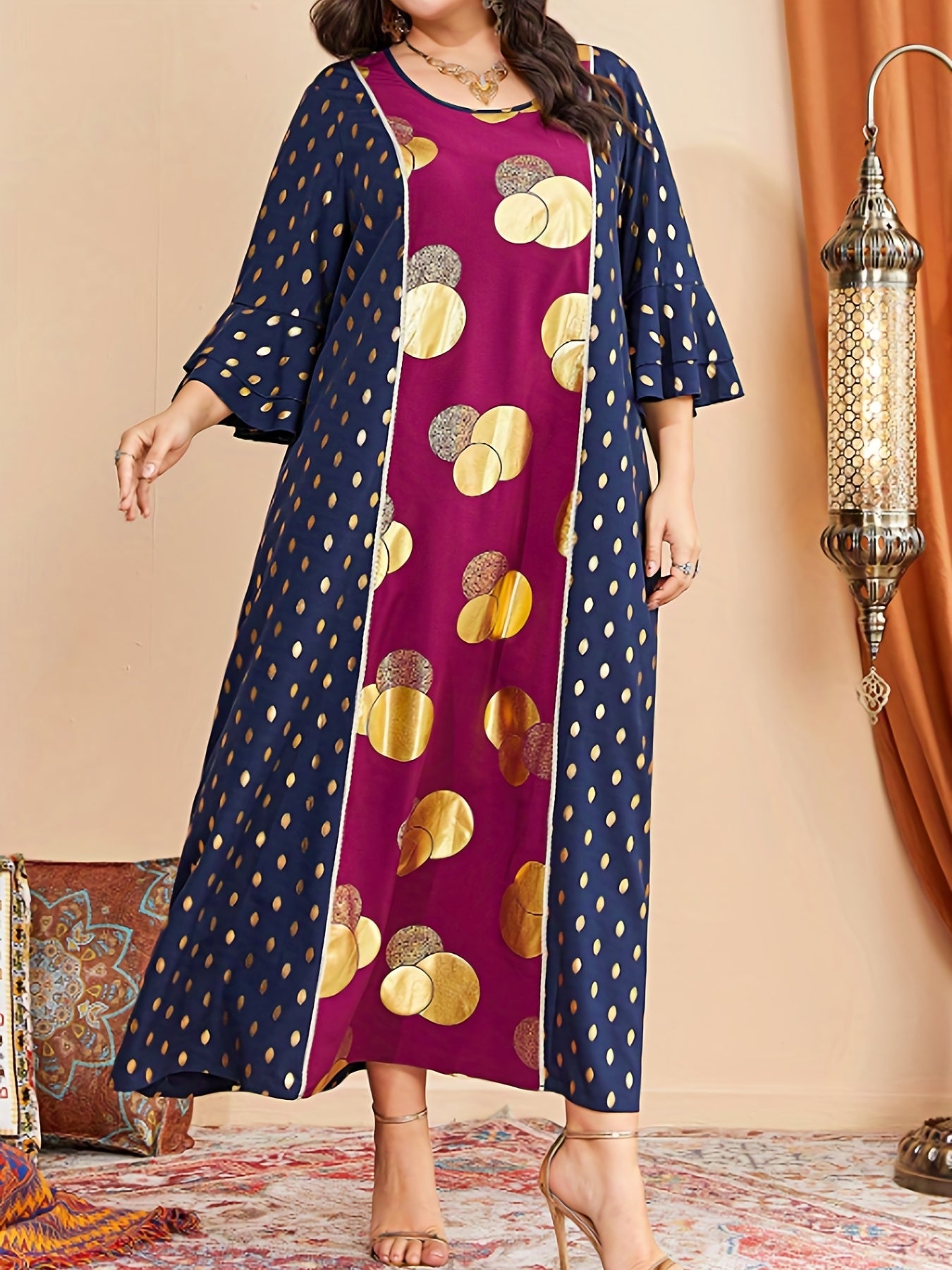 Boho Abaya Dress Women's Plus Golden Dot Print Layered Sleeve Maxi