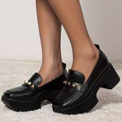 Women's Platform Chunky Loafers Rivet Decor Slip-On Shoes