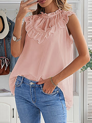 Ruffle Trim Solid Top Sleeveless Casual Summer Women's Clothing