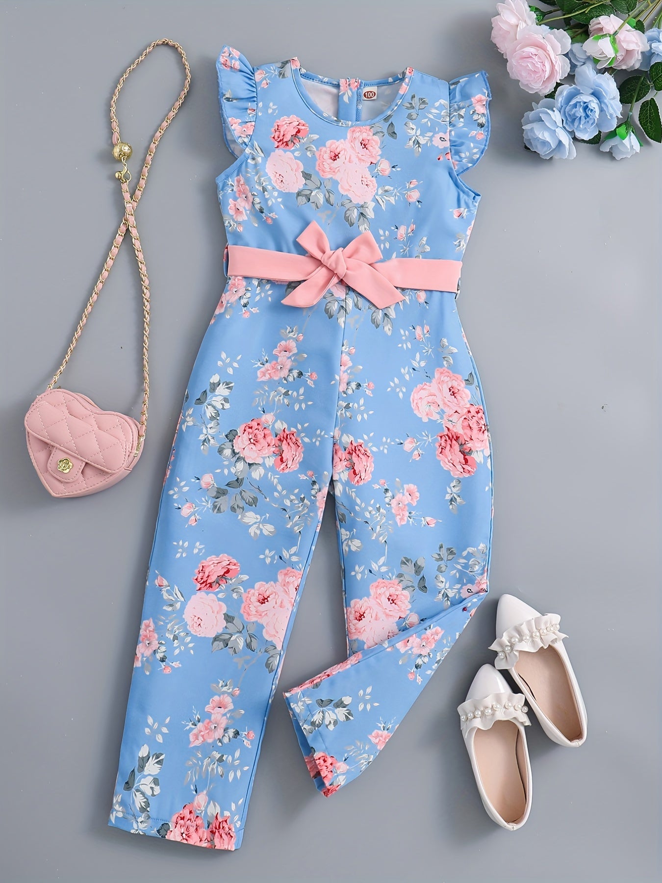 Toddler Girls Flowers Flutter Sleeve Rompers Wide Leg Jumpsuits