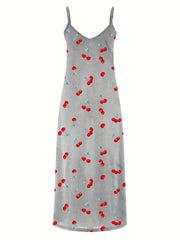 Casual Dress Women's Plus Cherry Print V Neck Maxi Cami Dress