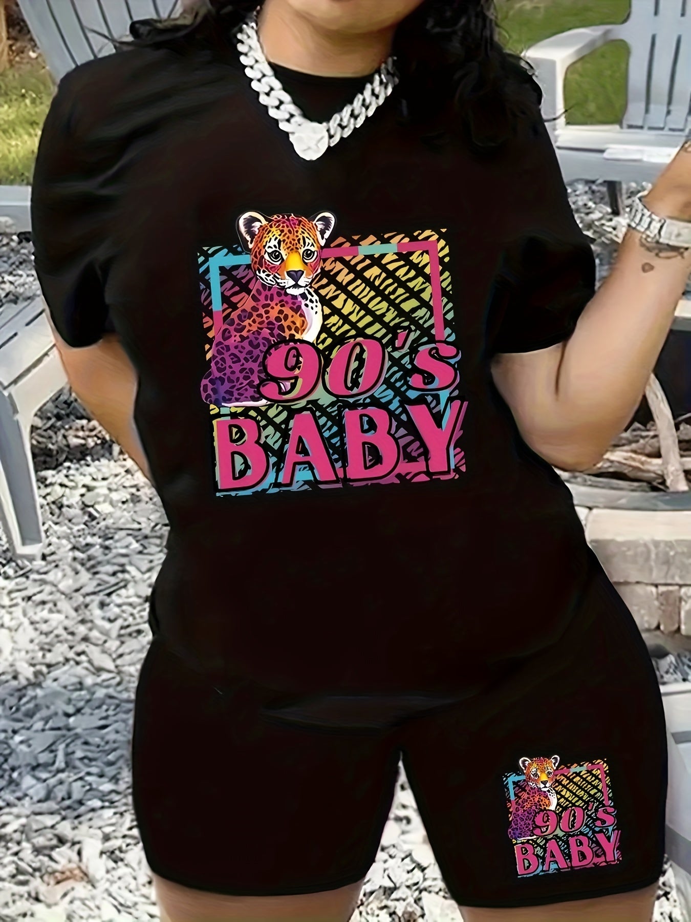 Cartoon Figure Print Short Sleeve Top & Shorts Set