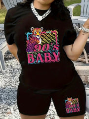 Cartoon Figure Print Short Sleeve Top & Shorts Set