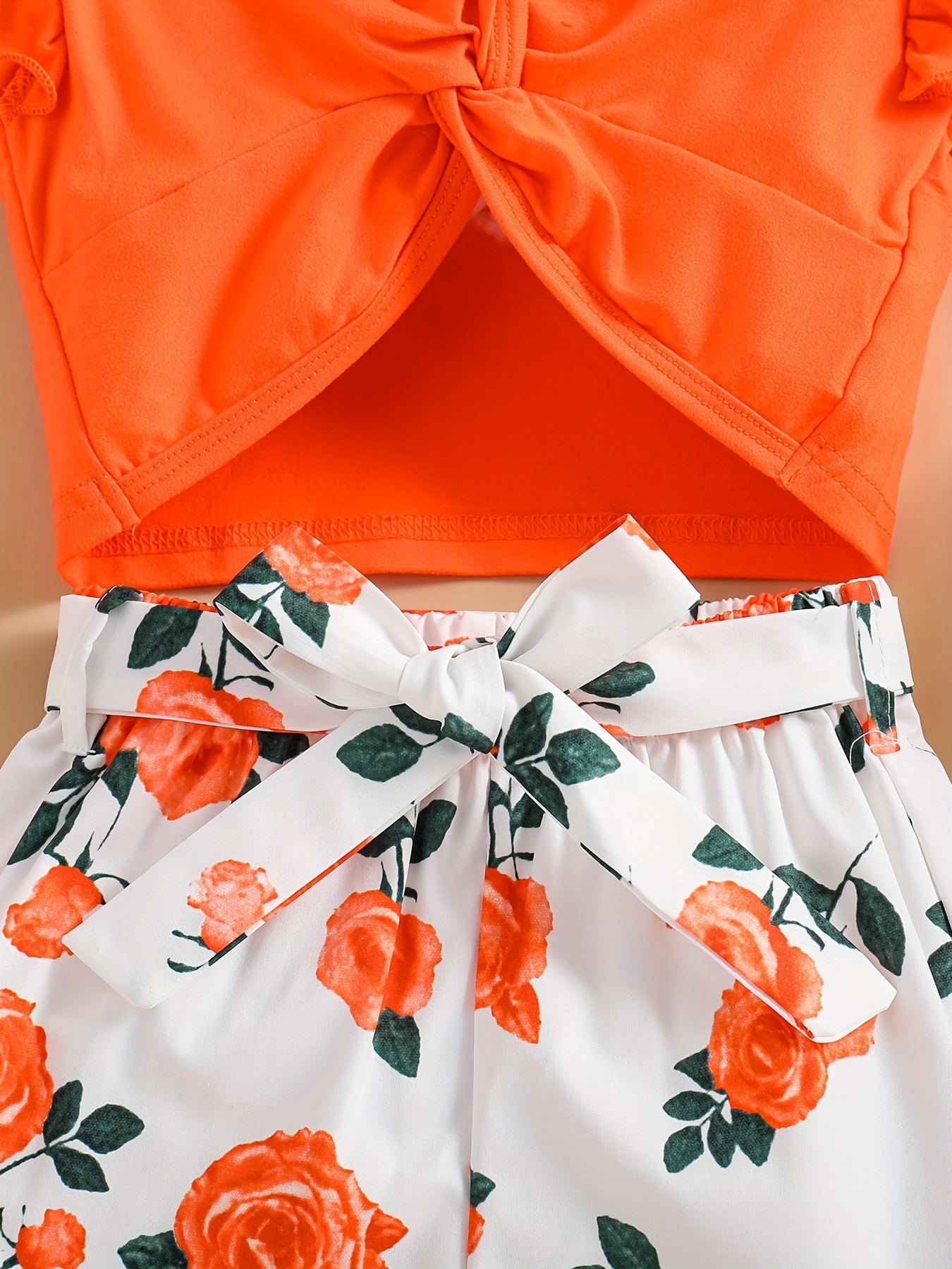 Girls Twist Front V Neck Top & Floral Print Shorts Set