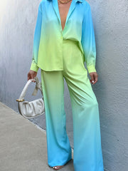 Gradient Two Piece Set Long Sleeve Polo Collar Shirt & Wide Leg Pants