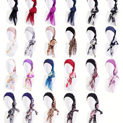 Floral Print Chiffon Bonnet Long Hair Lace Up Head Scarf