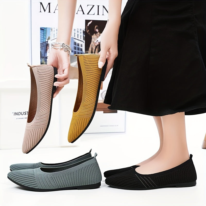 Women's Pointed Toe Knitted Flat Shoes Soft Slip On Comfy Ballet Flats