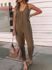 Buttons Front Jumpsuit V Neck Sleeveless Women's Clothing