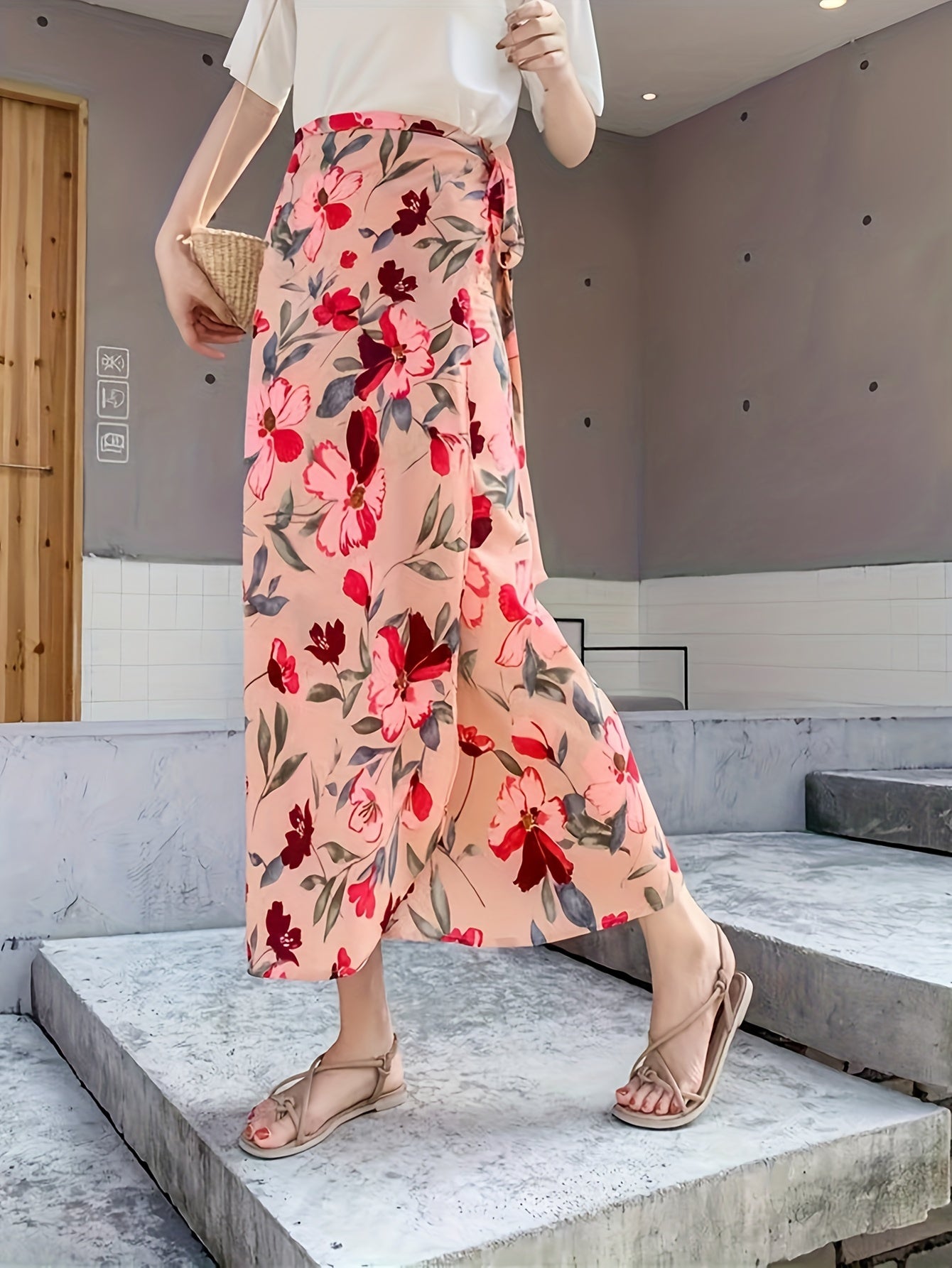 Floral Print Lace Up Skirt High Waist Maxi Boho Style