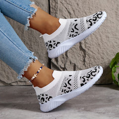 Leopard Print Slip on Walking Shoes Soft Sole Knit Casual Sneakers