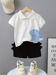 Boys Dinosaur Graphic Polo Shirt & Shorts Set Kids Summer Clothes