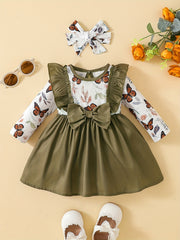 Baby Girls Butterfly Print Big Bow Dress Headscarf 2pcs Suit