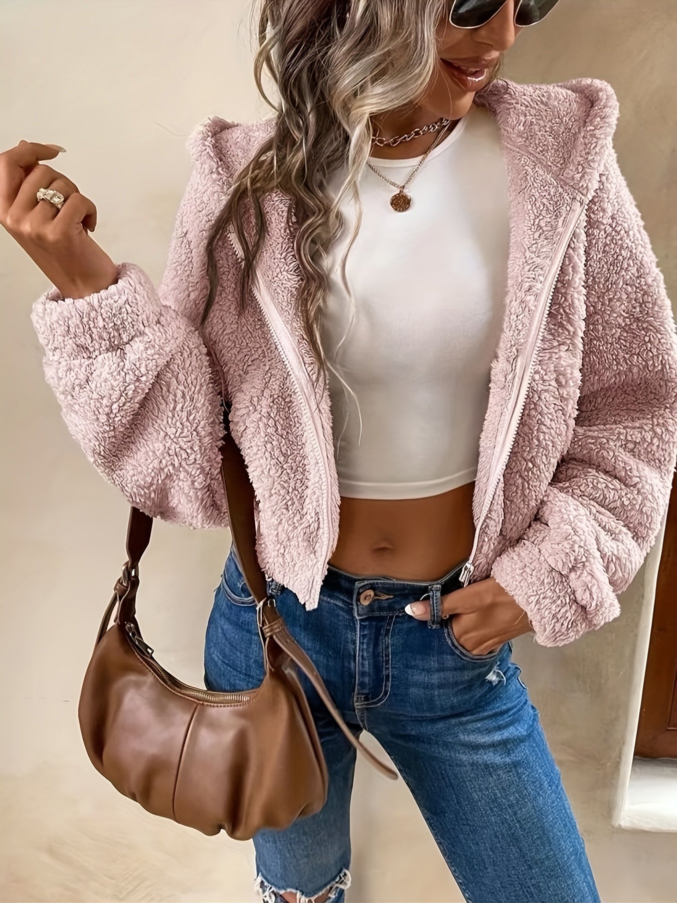 Zip Up Hooded Teddy Jacket Solid Warm Outerwear