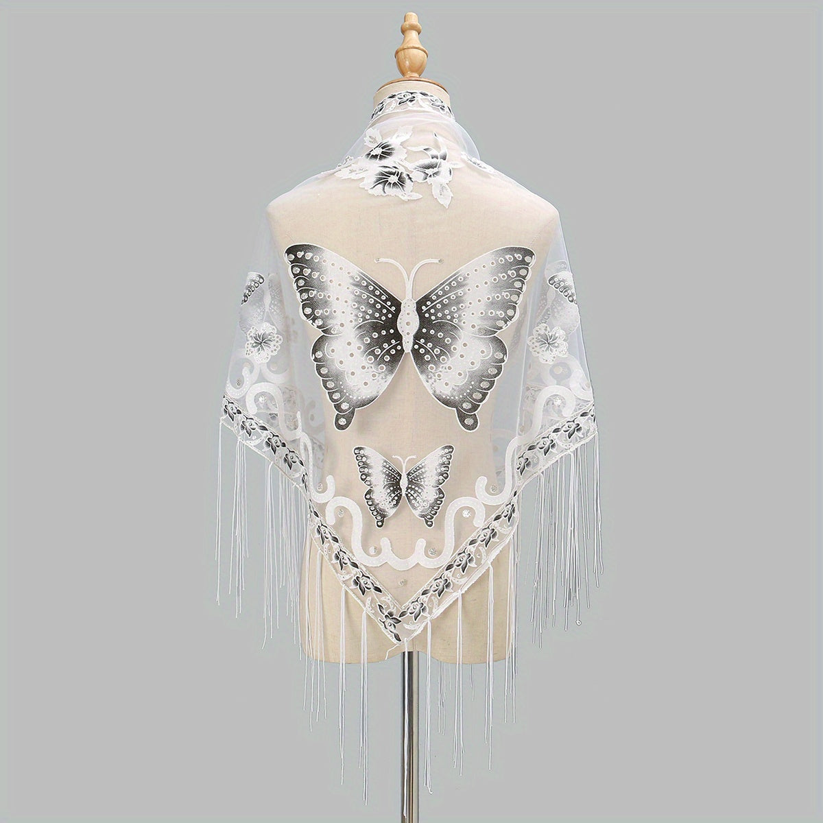 Lace Butterfly Print Shawl Long Fringed Triangle Towel for Women