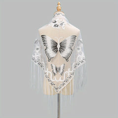 Lace Butterfly Print Shawl Long Fringed Triangle Towel for Women