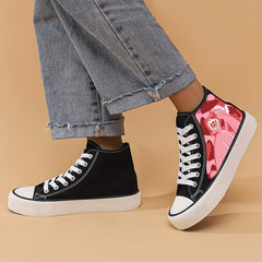 Girl's High Top Love Heart Pattern Skate Shoes Non Slip Casual Lace Up Sneakers